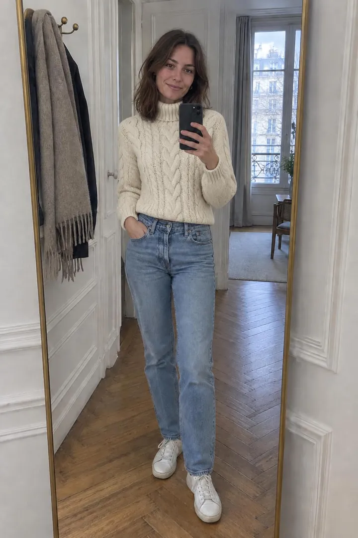 Virtuelle Anprobe: Zopfstrick-Rollkragenpullover auf einem Kundenfoto