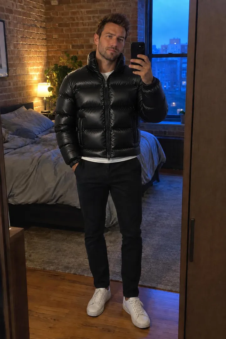 Virtuelle Anprobe: Schwarze Daunenjacke auf einem Kundenfoto