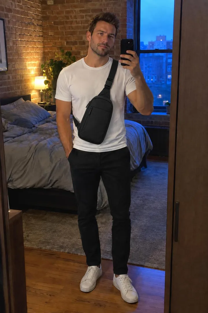 Virtuelle Anprobe: Technische Crossbody-Tasche auf einem Kundenfoto
